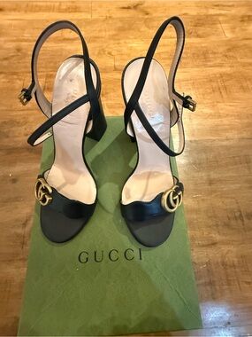 Gucci Black Leather Slingback Heels with Gold Double G
